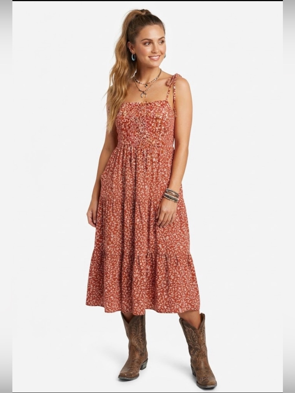 Old Navy Rust Orange Floral Tie Strap Midi Dress Size L Boho Cottagecore Pockets